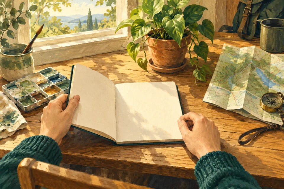 Hands open a blank sketchbook beside paints, a potted plant and a folded walking map.