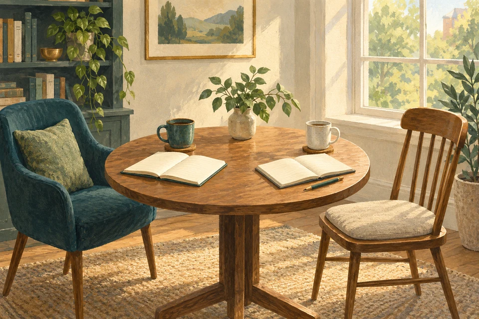 Two empty chairs face a round meeting table with open notebooks, a pencil and two mugs in soft window light.