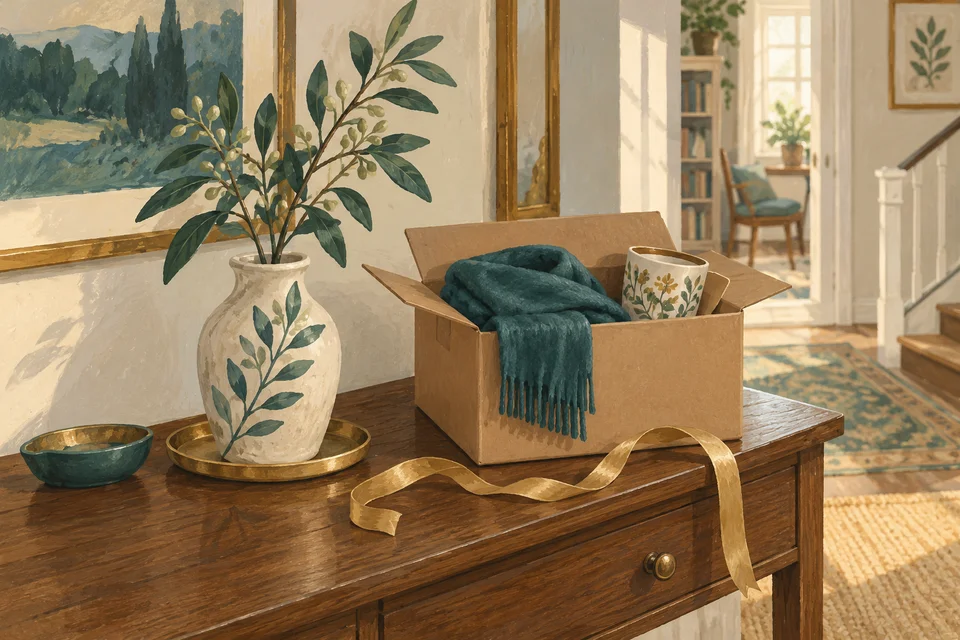 An open cardboard box holds a folded scarf and patterned cup beside a hallway console with a vase and loose ribbon.