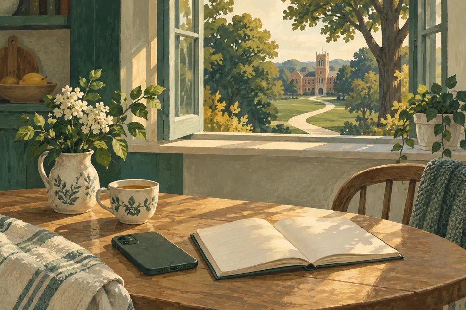 A phone rests face down beside tea and a blank notebook, with a winding path to a college visible through an open window.