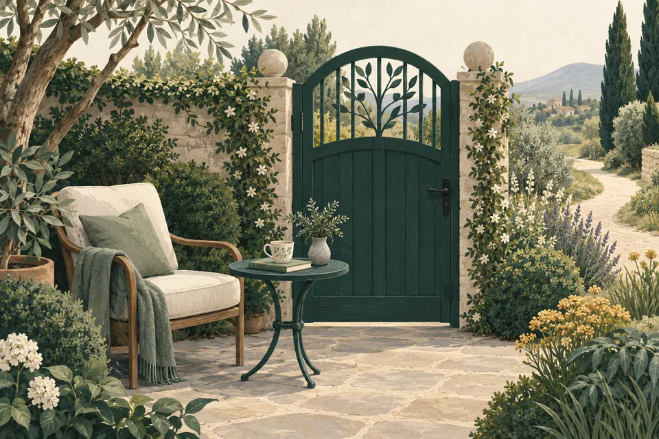 A green garden gate beside a quiet reading chair.