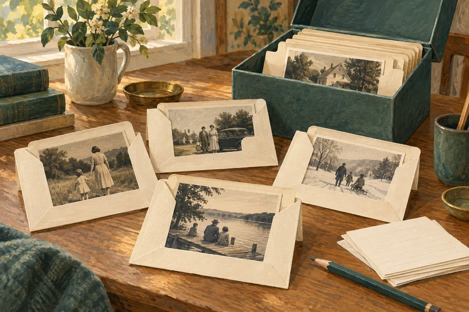 Vintage family photographs in cream enclosures beside blank record cards, a pencil and a teal storage box.