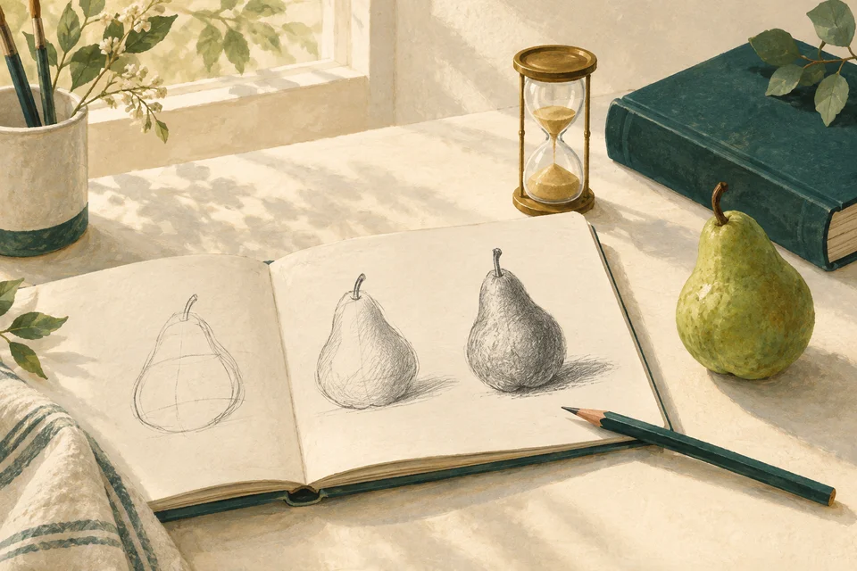 A sketchbook shows three pear drawings beside a real pear, pencil, hourglass and closed teal reference book.