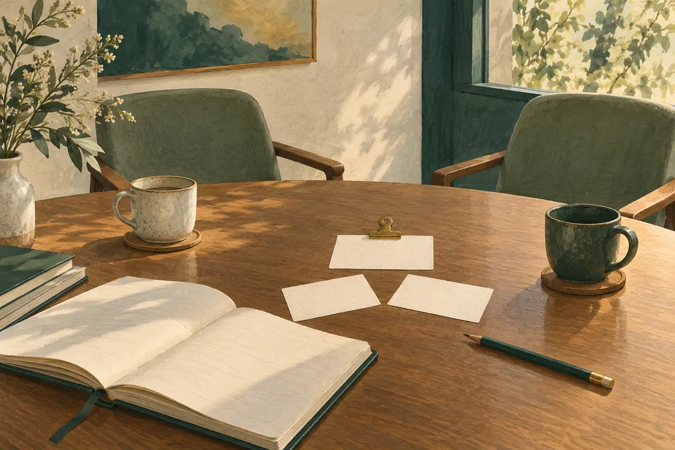 Three blank cards, one held by a brass clip, sit beside a notebook and two cups at an empty meeting table.