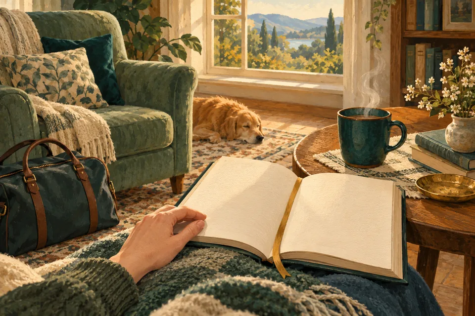 A hand rests on an open book beside a steaming mug, with a travel bag set aside by an armchair.