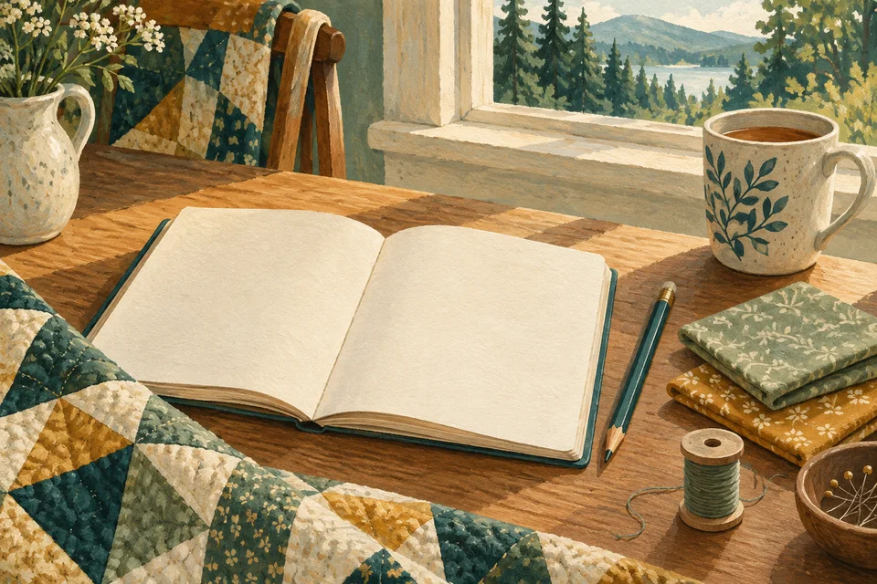 A pencil and blank notebook rest beside fabric squares, a spool of thread and the edge of a patchwork quilt.