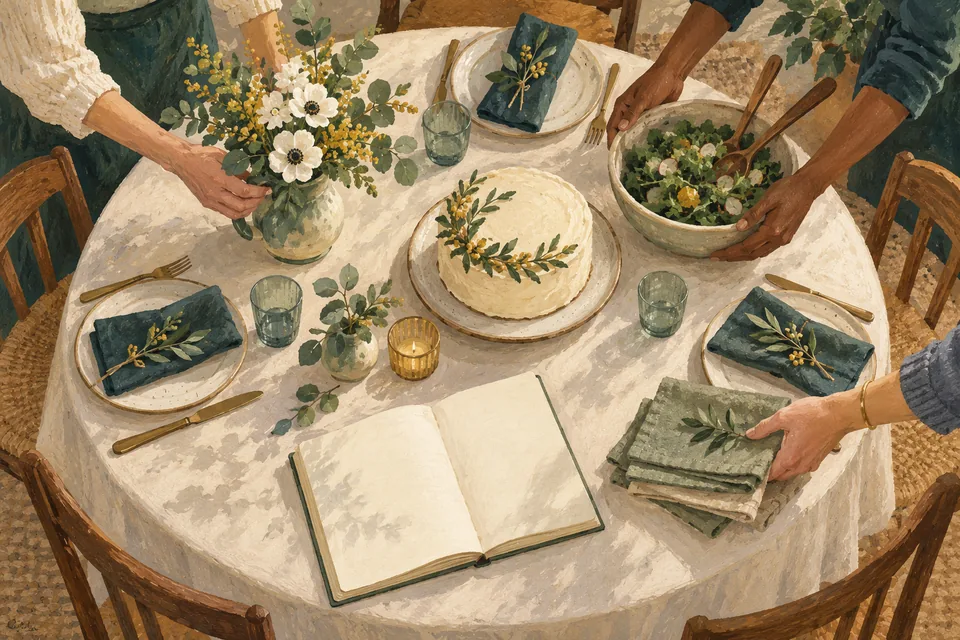 Several people contribute flowers, salad and napkins to a family table beside a cake and an open planning notebook.