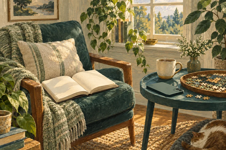 A face-down phone rests on a side table beside a chair holding an open book and a tray with a small jigsaw puzzle.