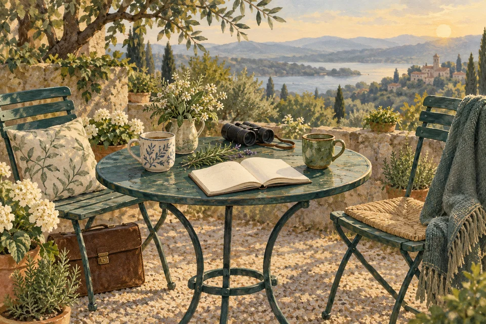 Two garden chairs surround a table with mugs, a blank sketchbook, herbs and binoculars, with an old briefcase beneath one chair.