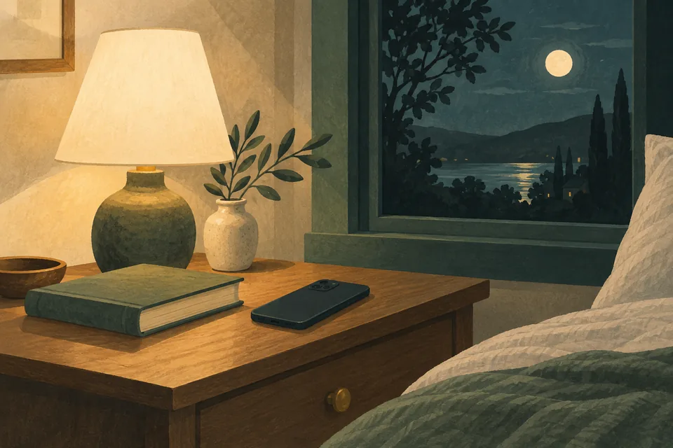 A face-down phone, book and warm lamp beside a moonlit window.